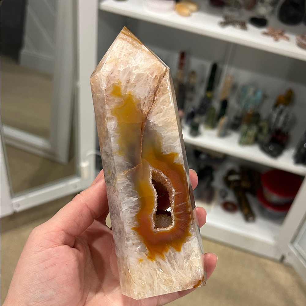 Carnelian Agate Crystal Geode Tower with Orange and Cream Hues